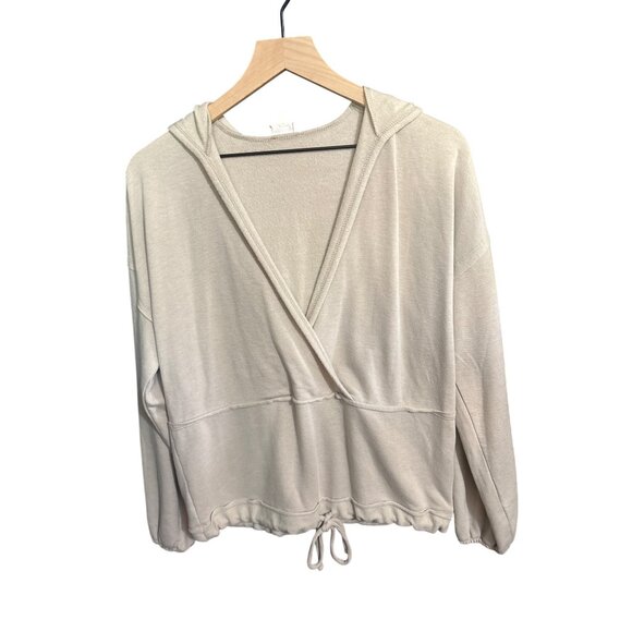 BKE Womens Small Hooded Wrap Sweater Top With Drawstring Hem Beige Cotton & Poly - Picture 1 of 4